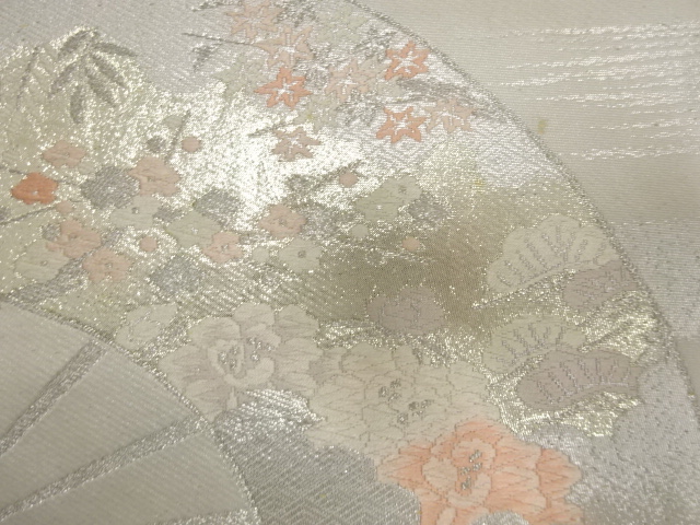  アンティーク　プラチナ箔二重織　扇に御所車・草花模様織り出し袋帯（材料）